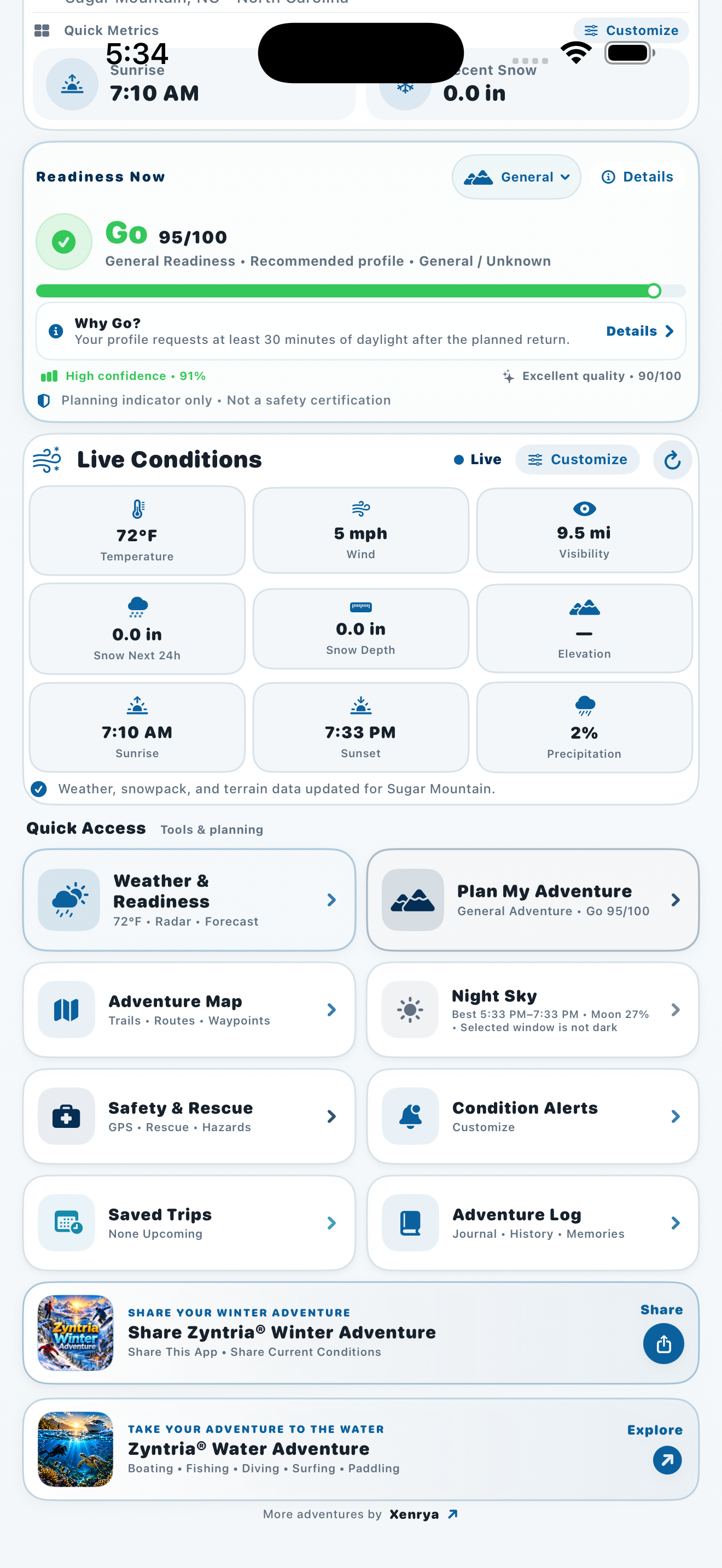 Zyntria Winter Adventure Readiness & Conditions